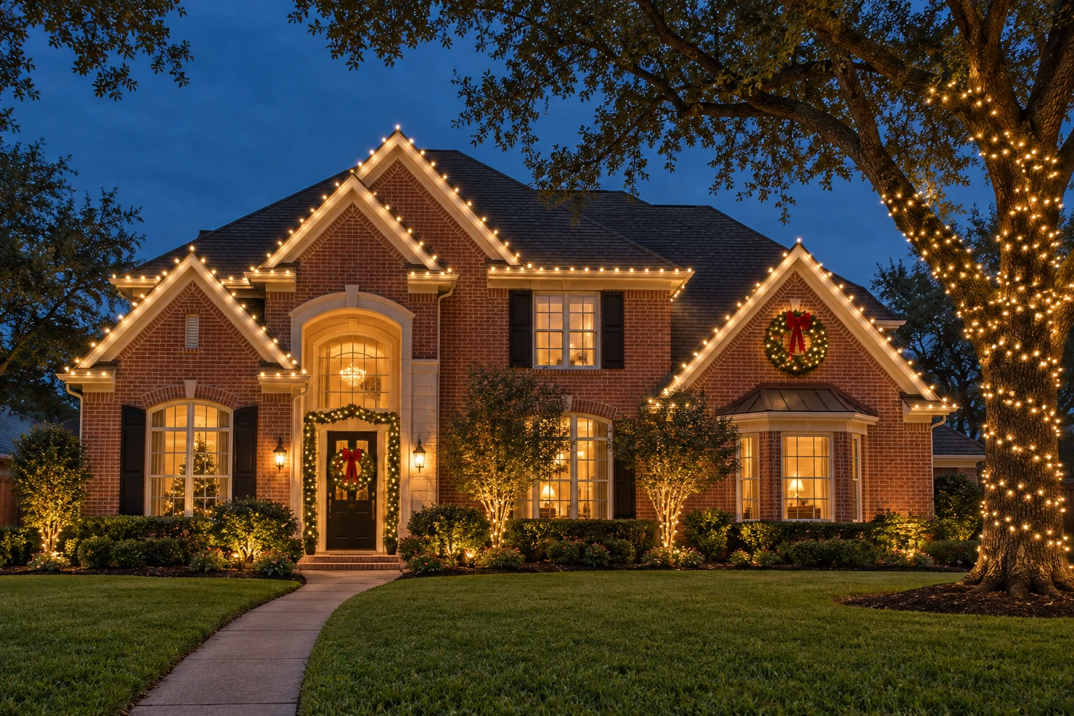 Lighting inspiration: a Houston-style brick home with warm Christmas roofline lights and decorated trees